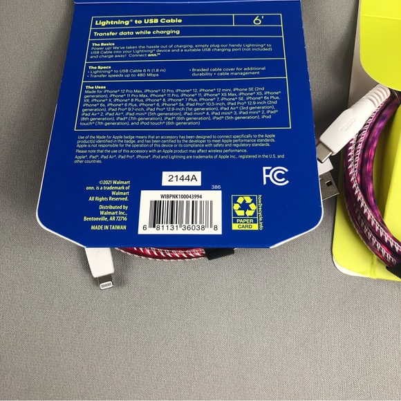onn. 6’ Fashion Cable USB Lightning Cable with Cable Management 2pck - Picture 4 of 5